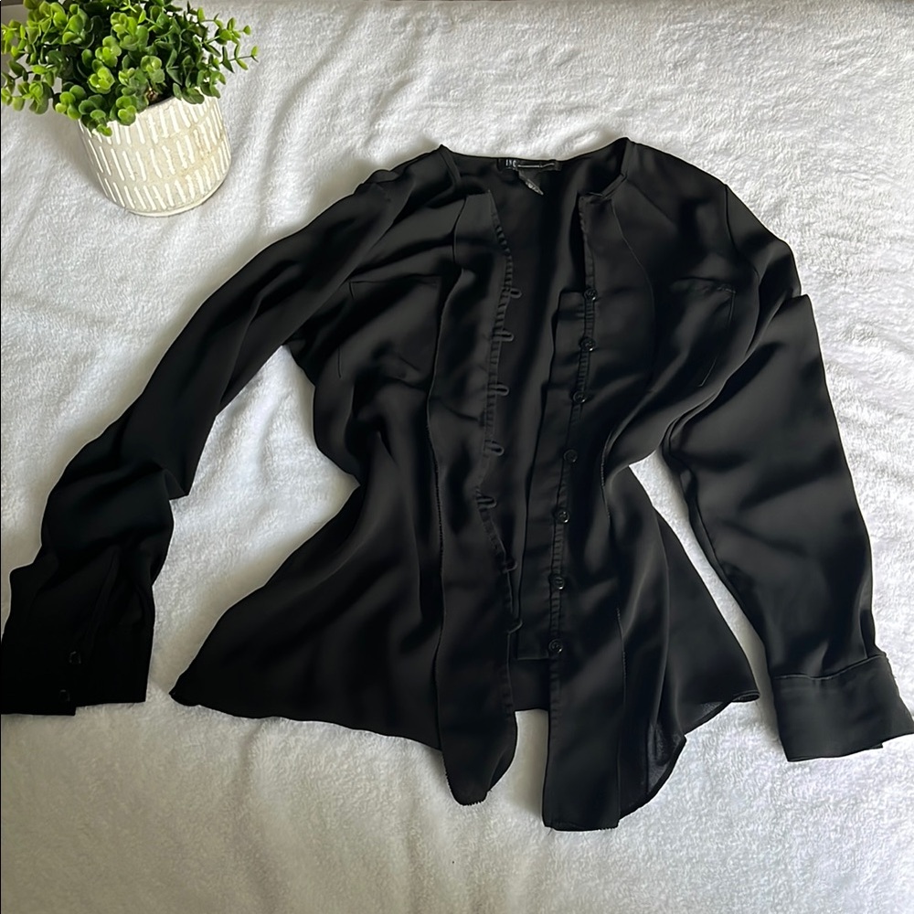 INC International Concepts Black Asymmetrical Long Sleeve Blouse